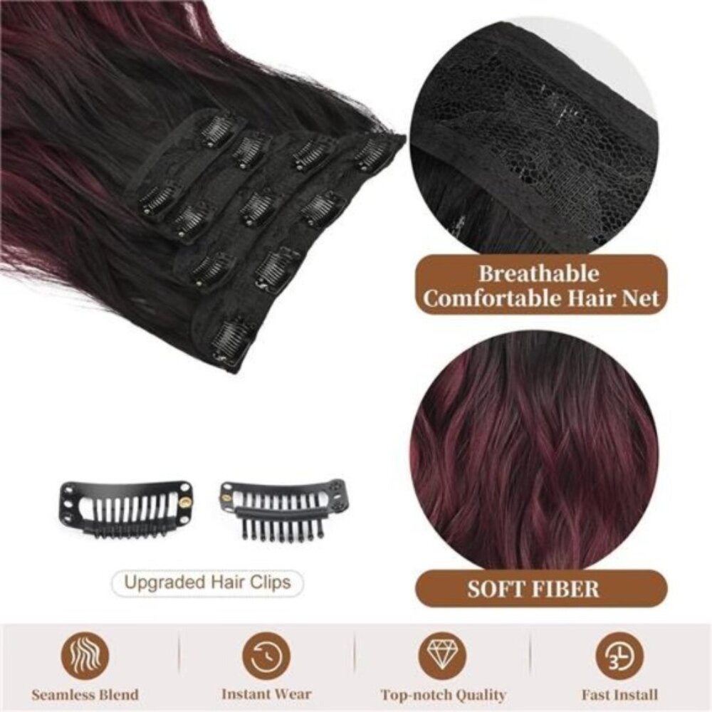 Clip in Hair Extensions, 20” Long Wavy Burgundy - Picture 6 of 6